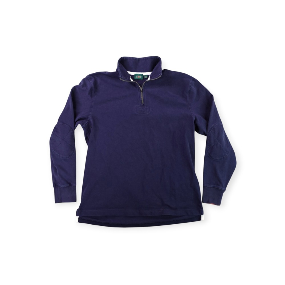 JCrew Oarsman Sweatshirt Mens Medium Blue Rugby 1/4 Zip Elbow Patch Cotton Knit
